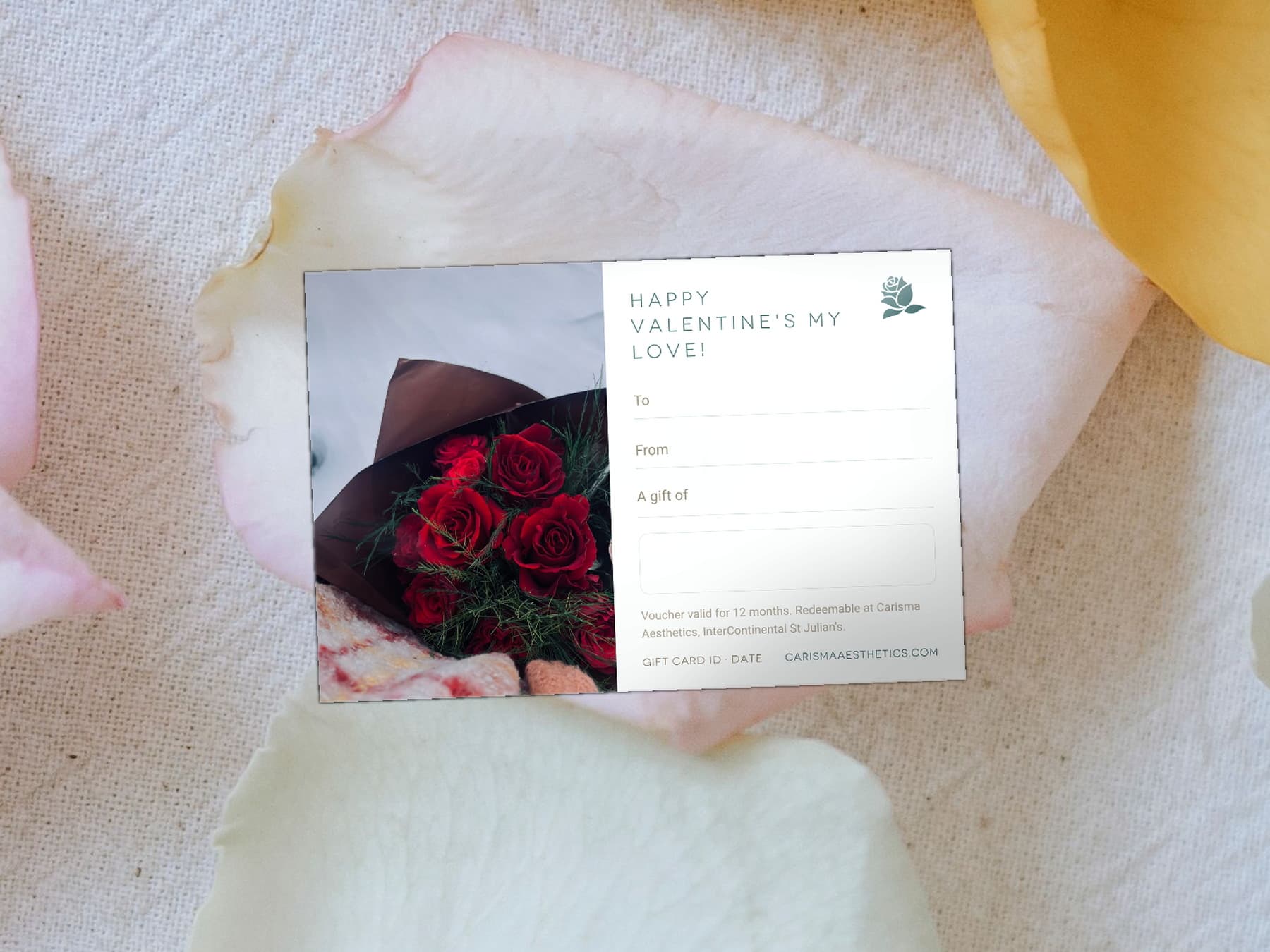 A Carisma Aesthetics Valentine's gift card on bone linen with a gilded fan — Valentine's Day gift cards at Carisma Aesthetics Malta